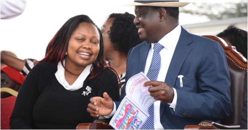 ODM leader Raila Odinga sharing a moment with Millicent Omanga at a past event. Photo: Twitter.