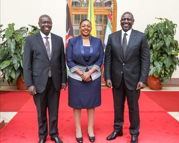 Nominated MP Sabina Chege (center), President William Ruto (left) and his deputy Rigathi Gachagua at State House, Nairobi. IMAGE: PCS