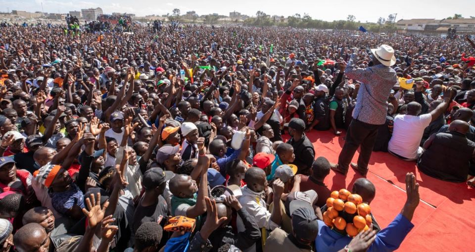 ODM leader Raila Odinga addressing a rally at Jacaranda grounds on Sunday, January 29,2023. IMAGE: RAILA ODINGA TWITTER