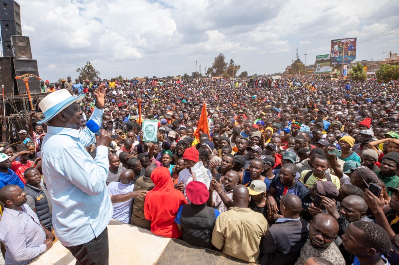 Raila Odinga speaking in Kitale on Sunday.