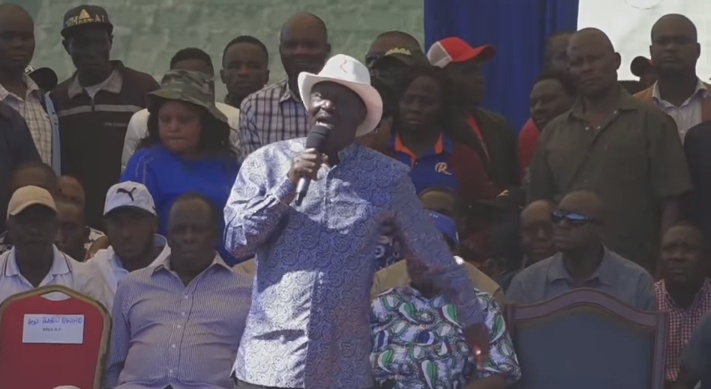Azimio leader Raila Odinga addressing supporters at a past Azimio LA Umoja rally.