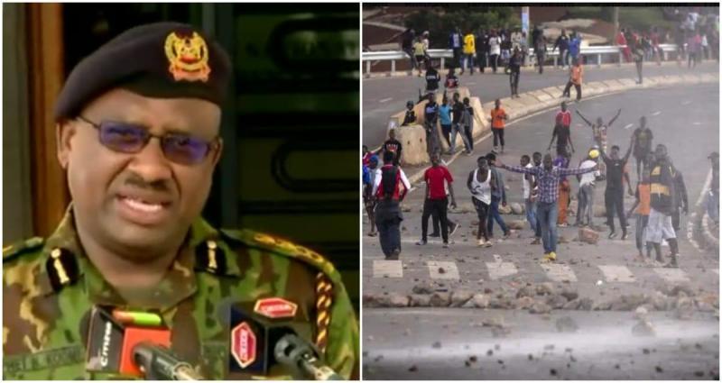 A collage Image of Police IG Japheth Koome and demonstrators.