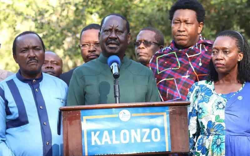 Azimio Leader Raila Odinga addressing the press at a past function.