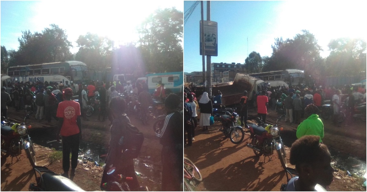The lorry transporting sand lost its brakes and rammed into the boda boda operators and pedestrians on the roadside