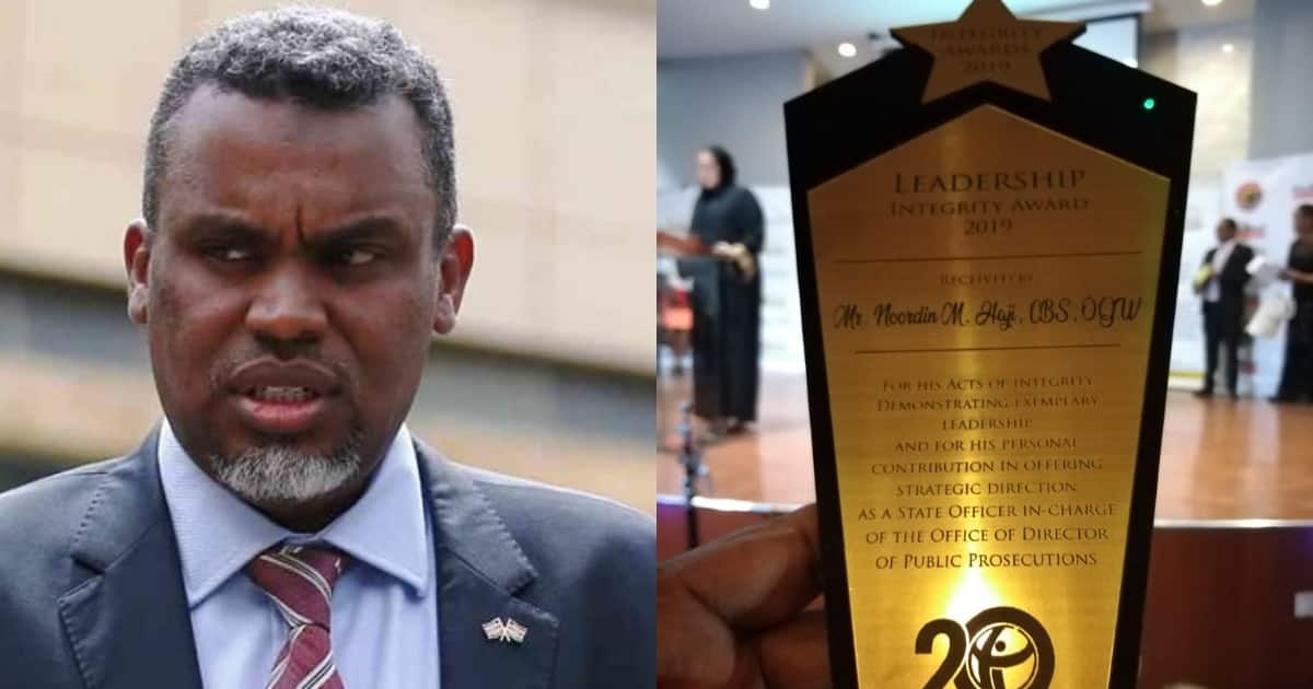 A collage of DPP Noordin Haji and the Leadership Integrity Award he won in 2019.