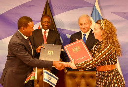 President William Ruto and Israel Prime Minister Benjamin Netanyahu watch as the reps from the two countries sign agreements.