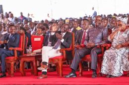 President William Ruto, Governor Paul Otuoma, and Sports CS Ababu Namwamba in Busia County.