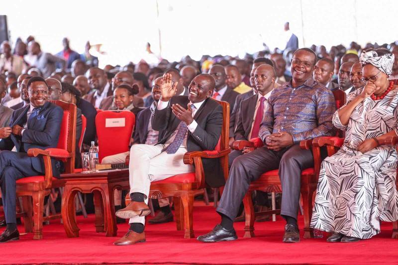 President William Ruto, Governor Paul Otuoma, and Sports CS Ababu Namwamba in Busia County.