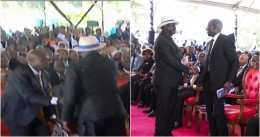 Raila Odinga exchanging pleasantries with President William Ruto and his deputy Rigathi Gachagua.