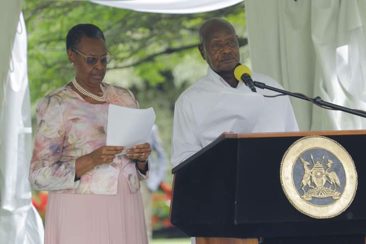 President Yoweri Museveni and his spouse Janet during the launch of their daughter's book.