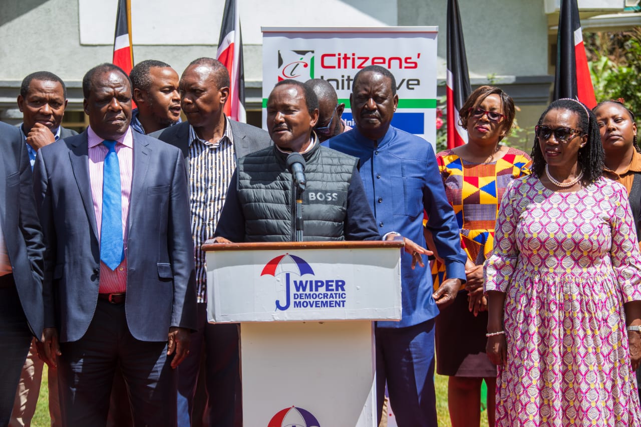 Wiper Party Leader Kalonzo Musyoka flanked by other Azimio leaders.