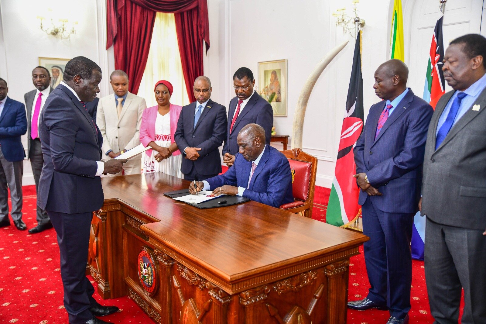 File image of President Ruto signing Finance Bill 2023 into law. Present are key leaders of his administration among them DP Rigathi Gachagua, Prime CS Musalia Mudavadi and other top leaders.