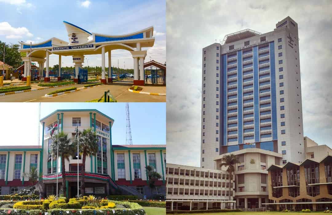 A composite image of Kenyatta university, Moi University and the University of Nairobi.