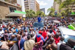 ODM Leader Raila Odinga addressing his supporters in Nairobi CBD.