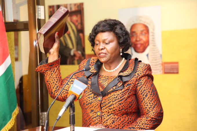 Mary Wanyonyi Chebukati taking the oath of office as CRA Boss.