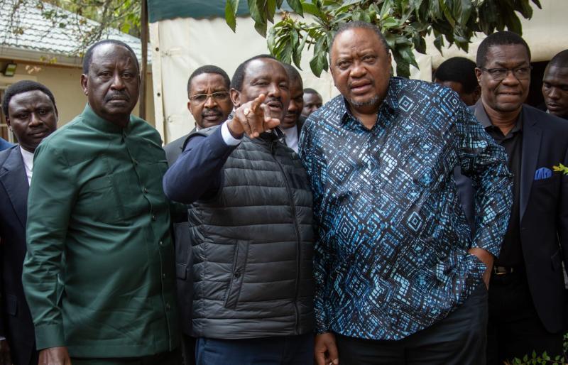 Former President Uhuru Kenyatta, ODM leader Raila Odinga and Wiper Leader Kalonzo Musyoka at SKM Command Center.