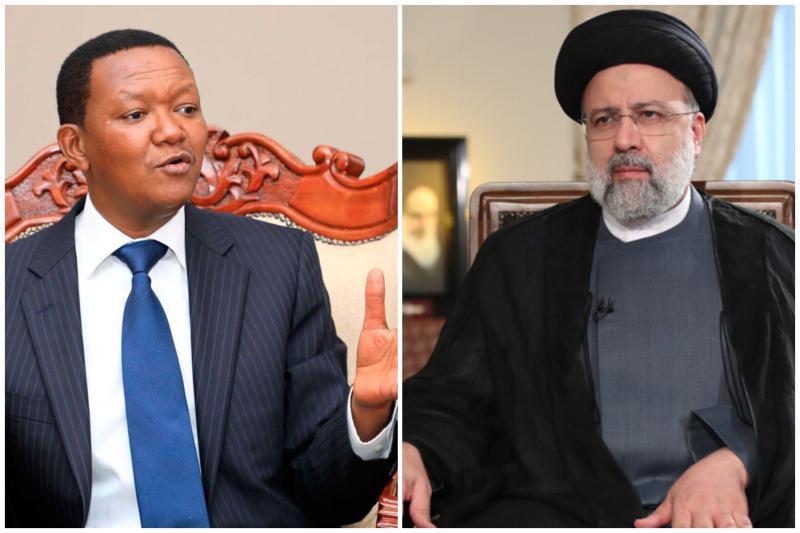 A composite image of CS Alfred Mutua and Iranian President Ebrahim Raisi.
