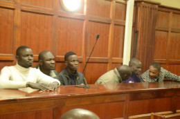 MP Babu Owino and Youth Leader Calvin Gaucho and their co-accused at Milimani Law Courts. IMAGE/ COURTESY