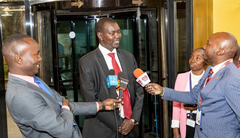 Uasin Gishu Senator Jackson Mandago addressing the media at Integrity Center after being grilled.