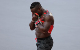 Kenyan sprinter Ferdinand Omanyala emotional after finishing the race 7th at the Budapest Championship.