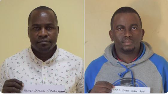 Suspects Samuel Morara Nyambane and Joseph Murimi Njue who were charged with impersonation.