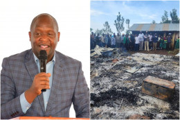 A composite photo of Governor Eric Mutai and a house burnt down in Kericho.