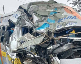 The wreckage of the matatu that was involved in a road accident.