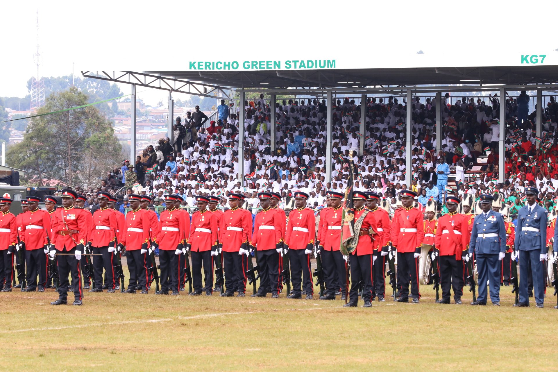 Soldiers mount a guard of honour at Kericho Green Stadium.