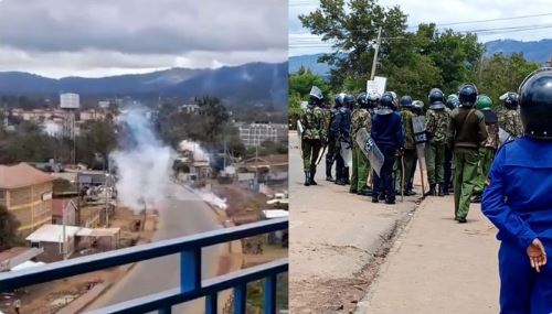 A collage of teargas at Machakos University and anti-riot police deployed to handle the situation.