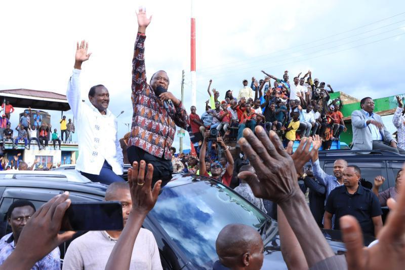 Former President Uhuru Kenyatta and Wiper Leader Kalonzo Musyoka in Mwingi on Sunday.