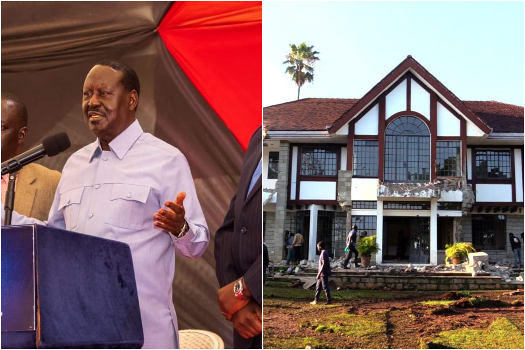 Photocollage of Raila Odinga and a demolished house in Kakamega.