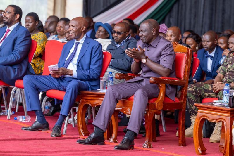 President William Ruto and Education CS Ezekiel Machogu at Kamagut Primary School in Uasin Gishu County.