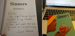 A copy of Sarah Haluwa's book Sinners.