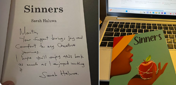 A copy of Sarah Haluwa's book Sinners.