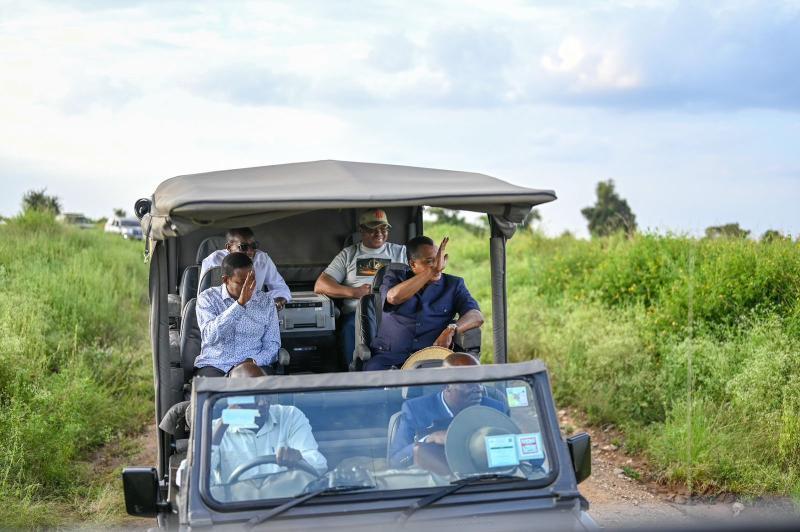 CS Alfred Mutua hosts Congo President Denis Sassou Nguesso for a game drive at Nairobi National Park.