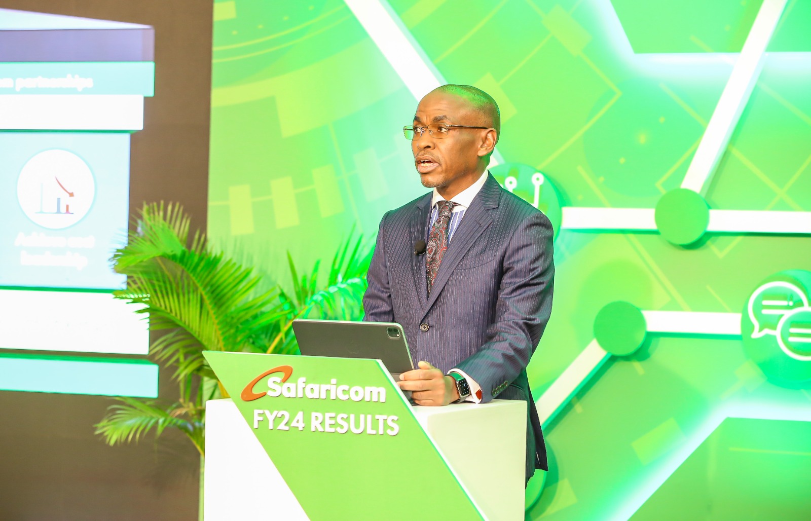 Safaricom CEO Peter Ndegwa while releasing Safaricom PLC's Full Year 2023/2024 Financial Results on Thursday.