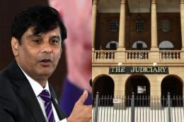 Photo collage of Arshad Sharif and the Judiciary.