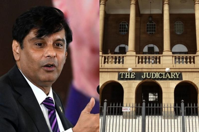 Photo collage of Arshad Sharif and the Judiciary.