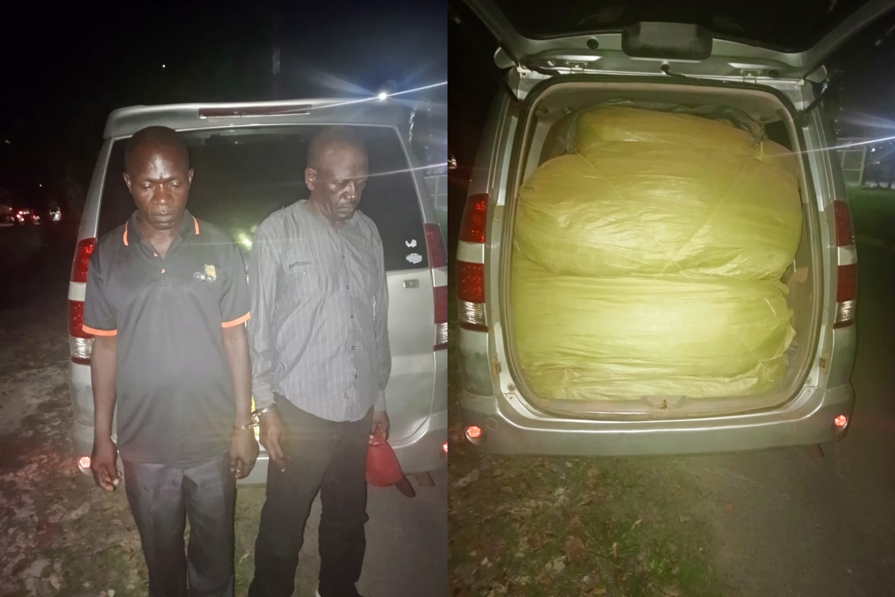 Photocollage of 2 suspected drug traffickers and seized bhang.