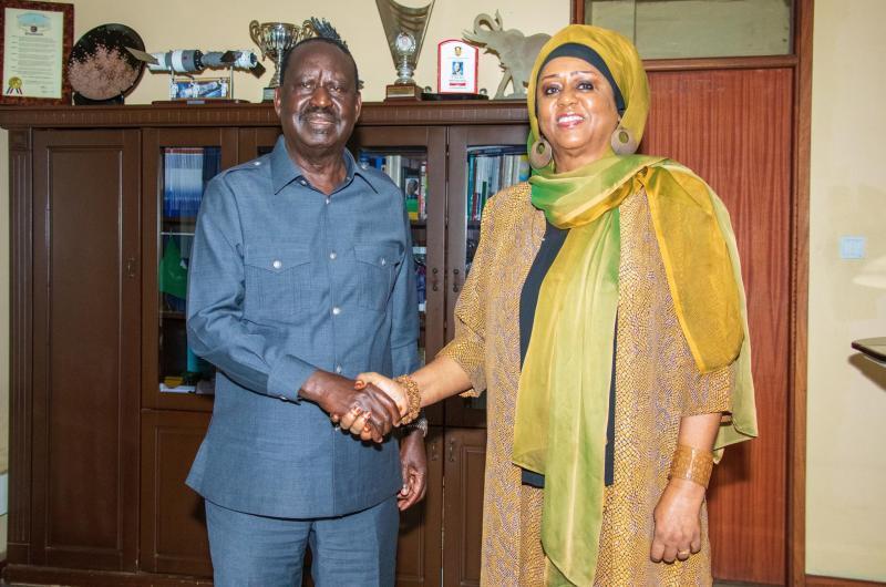 Azimio leader Raila Odinag with former Somalia Foreign Affairs Minister Fawzia Yusuf Adam