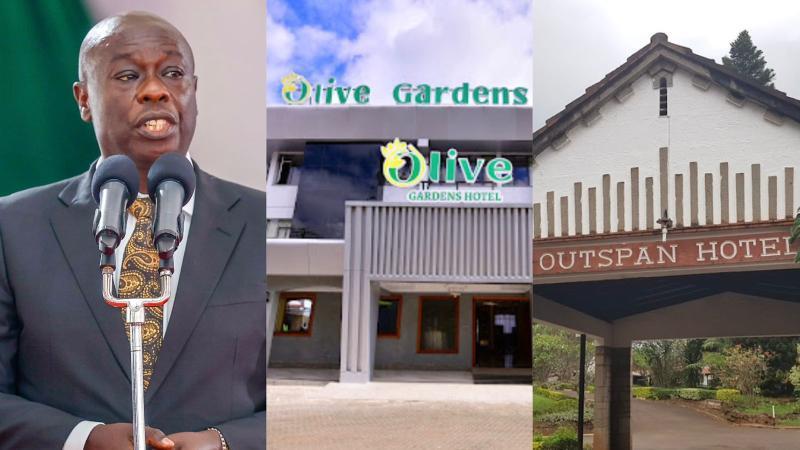 Photo collage of Rigathi Gachagua, Olive Gardens Hotel and Outspan Hotel
