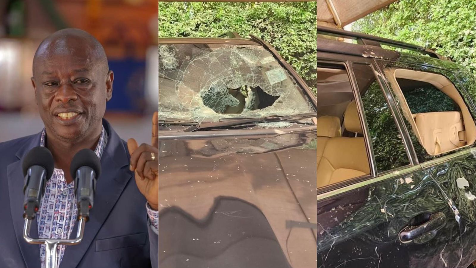 Photo collage of Rigathi Gachagua and his vandalised vehicle