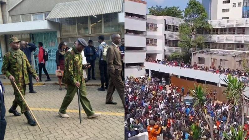 A photo collage image of police officers and protesting TUK staff and students