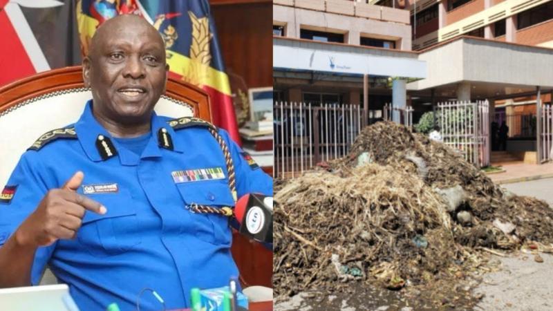 Photo collage of IG Douglas Kanja and garbage dumped outside Stima Plaza