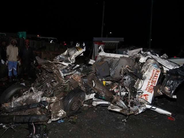 Wreckage of a Matatu involved in an accident along the Nakuru-Eldoret highway.