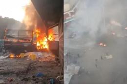 Photocollage of a police vehicle on fire and chaos in Nairobi's Majengo area.