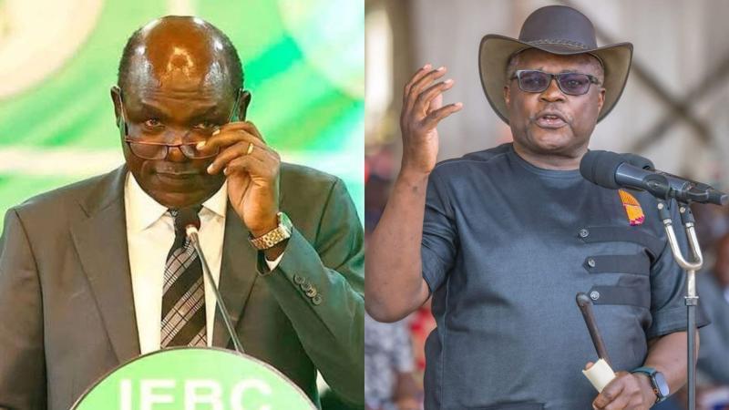 A photo collage of Wafula Chebukati and Ken Lusaka
