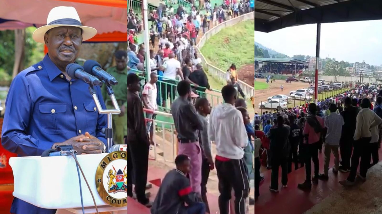 A photo collage of Raila Odinga and crowds at Gusii Stadium