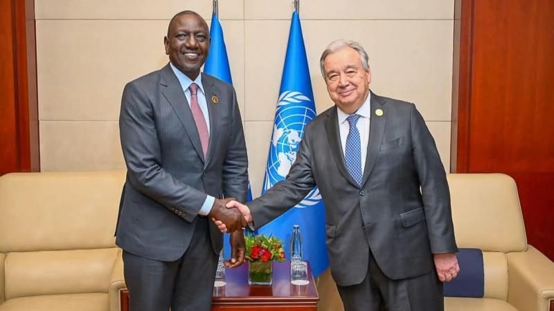 File image of President William Ruto and United Nations Secretary General Antonio Guterres