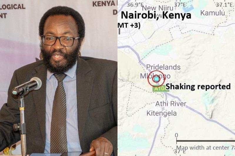 Photocollage of Kenya Met Director David Gikungu and location of where a tremor was first felt in Kenya.
